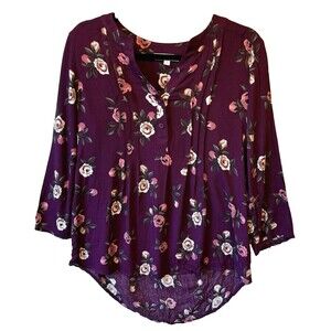 Monday Fun Henley Blouse Small Dark Maroon Floral Blouse Pleated‎ V-Neck NWOT
